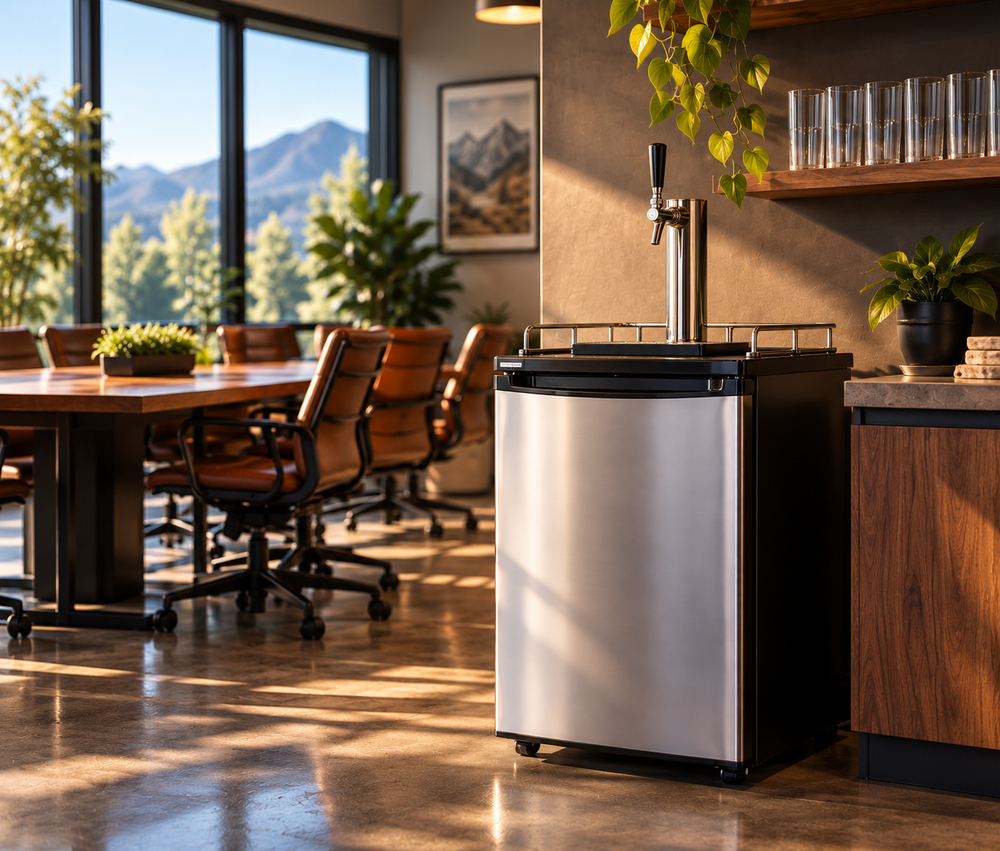 Single-tap kegerator in a sunlit Colorado office break room with mountain views