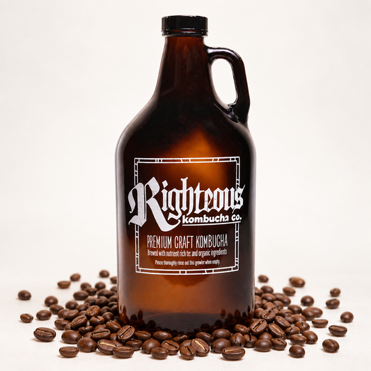 Righteous Kombucha growler surrounded by roasted coffee beans, Single Origin Guatemala Nitro Cold Brew, Colorado Springs
