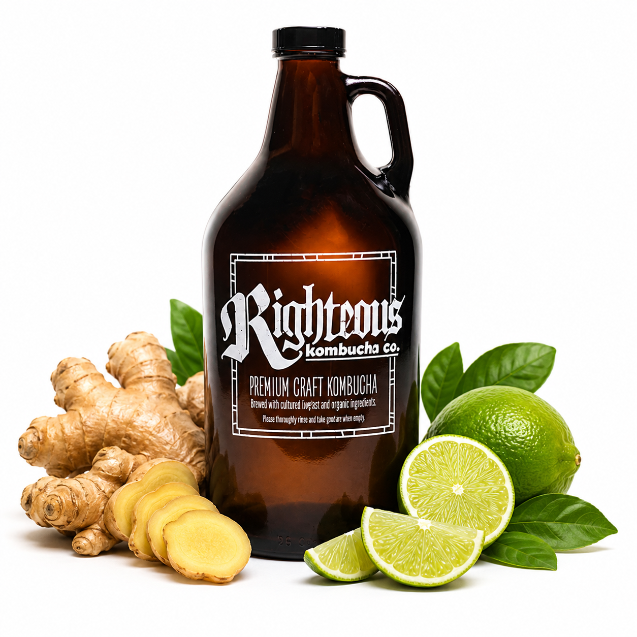 Righteous Ginger Lime Kombucha with fresh ginger and lime, small-batch brewed in Colorado Springs